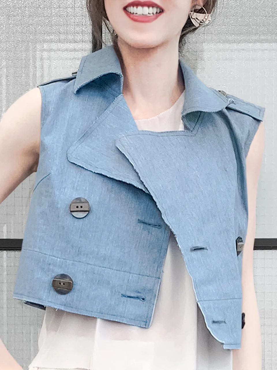 Restock! Denim Ruffle Back Double Breasted Sleeveless Crop Jacket