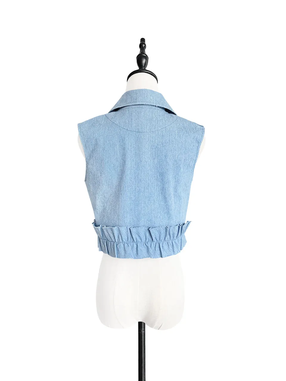 Restock! Denim Ruffle Back Double Breasted Sleeveless Crop Jacket