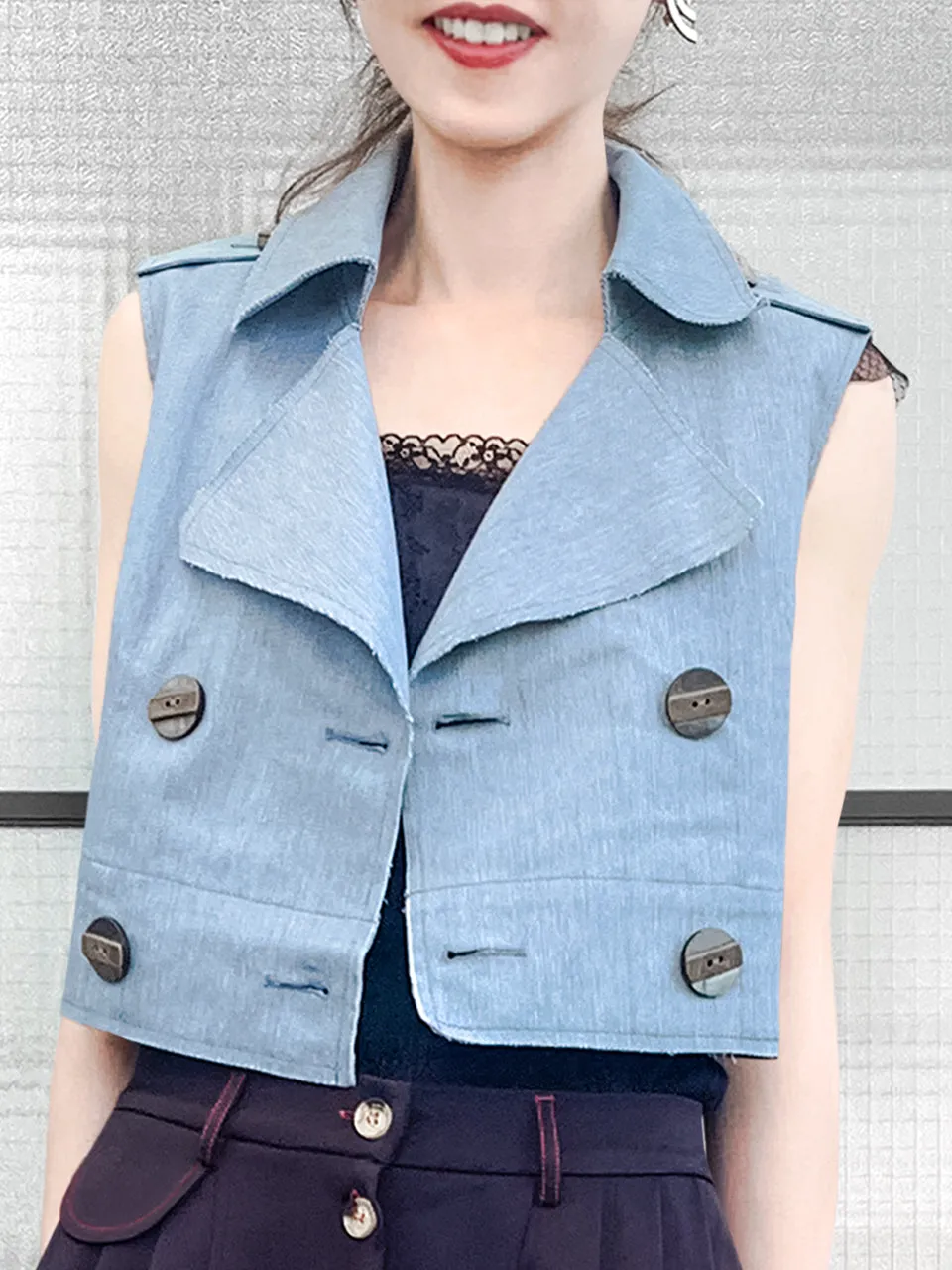 Restock! Denim Ruffle Back Double Breasted Sleeveless Crop Jacket