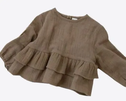 Ruffled Linen Blouse for Girls - Brown & White