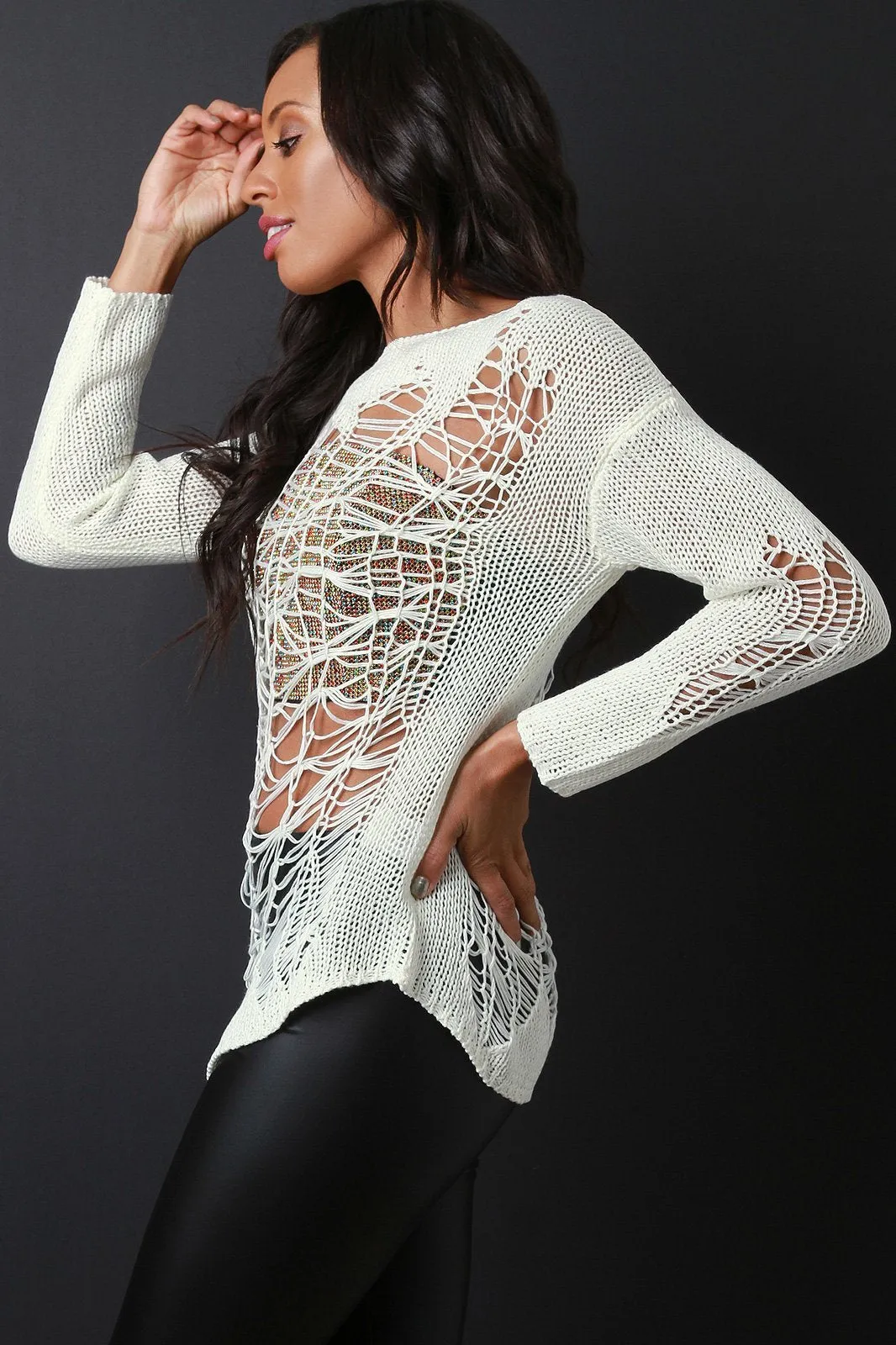 Semi-Sheer Shredded Knit Long Sleeve Top