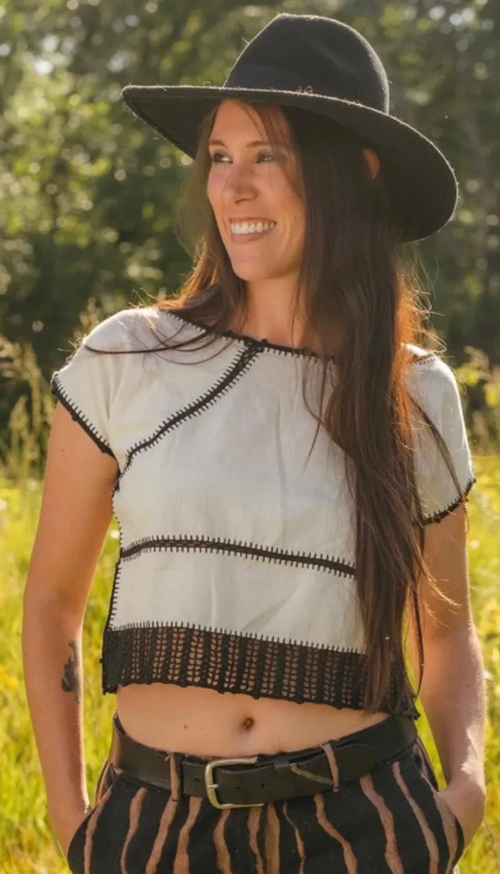 Serrano Organic Cotton Crop Top  - Solid Cream or Black Trim- Crochet  Details