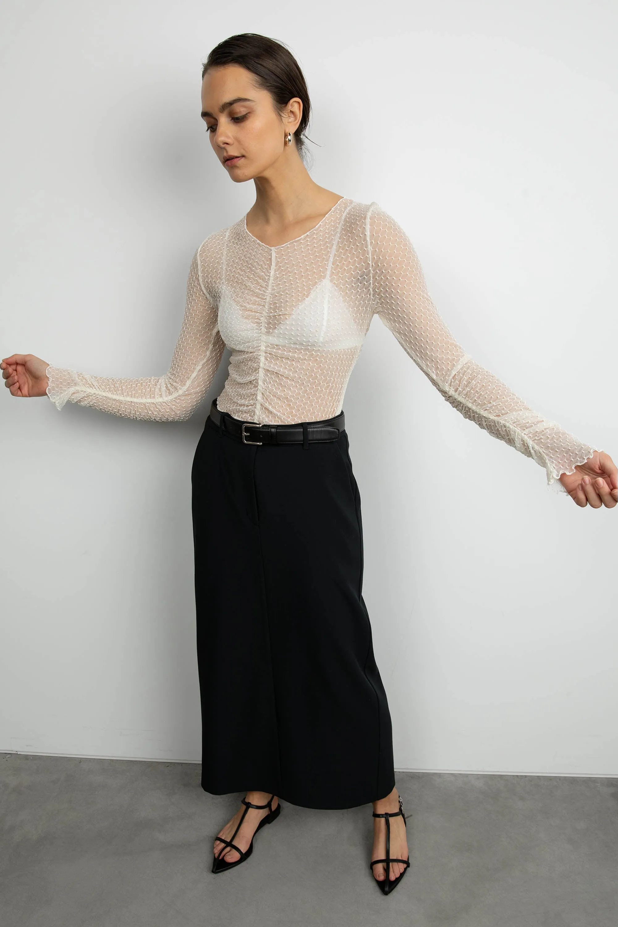 SHEER MESH RUCHED LONG SLEEVE TOP