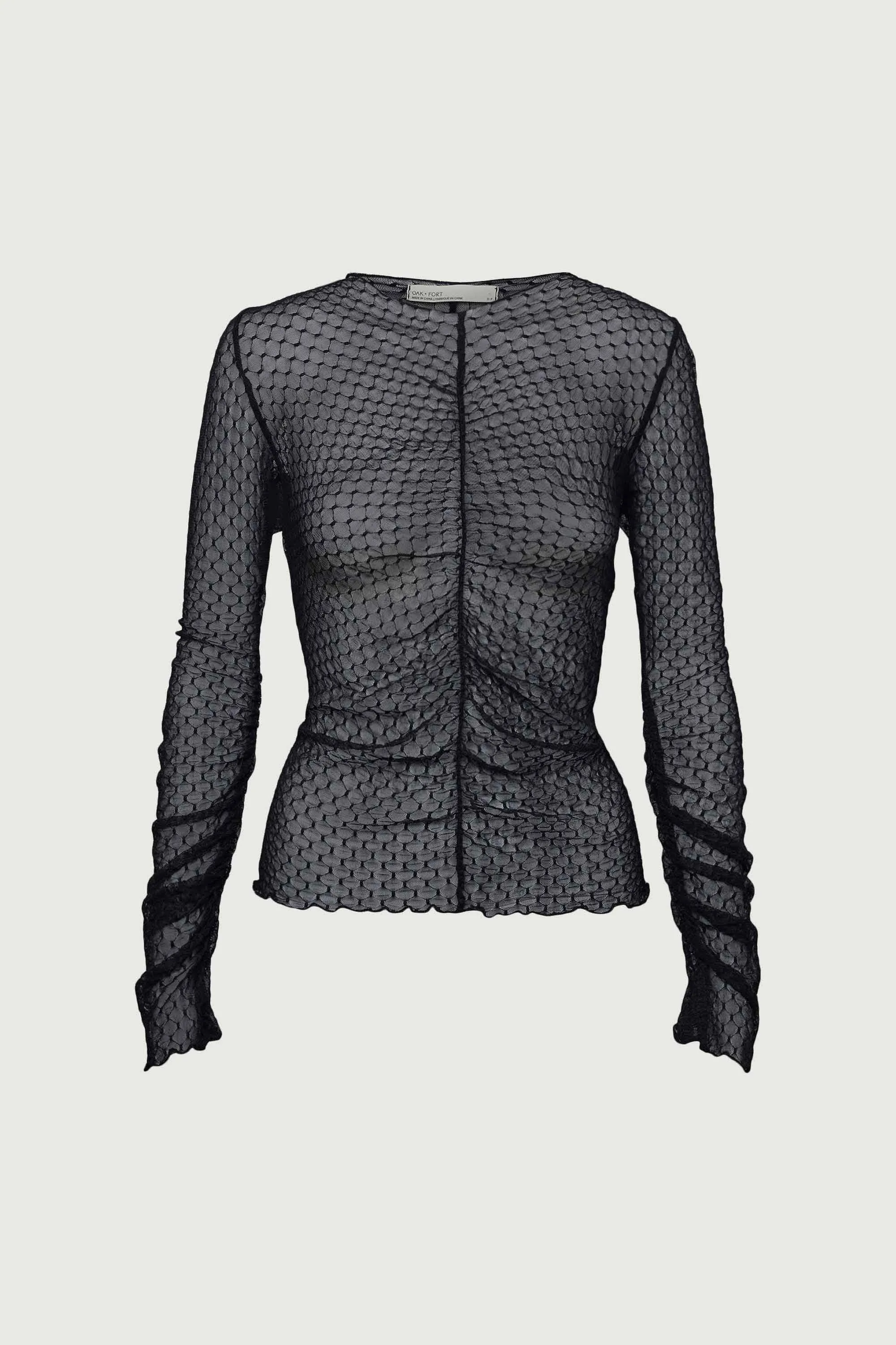 SHEER MESH RUCHED LONG SLEEVE TOP