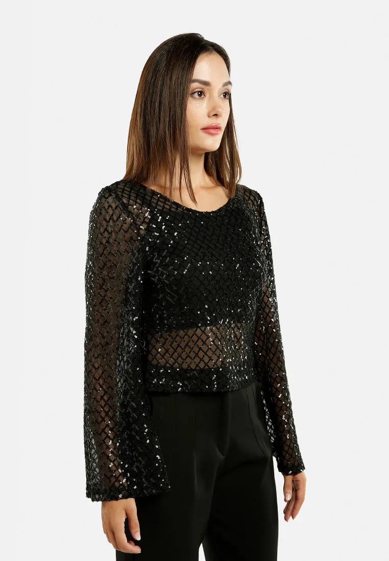 Sheer Sequin Long Sleeve Top