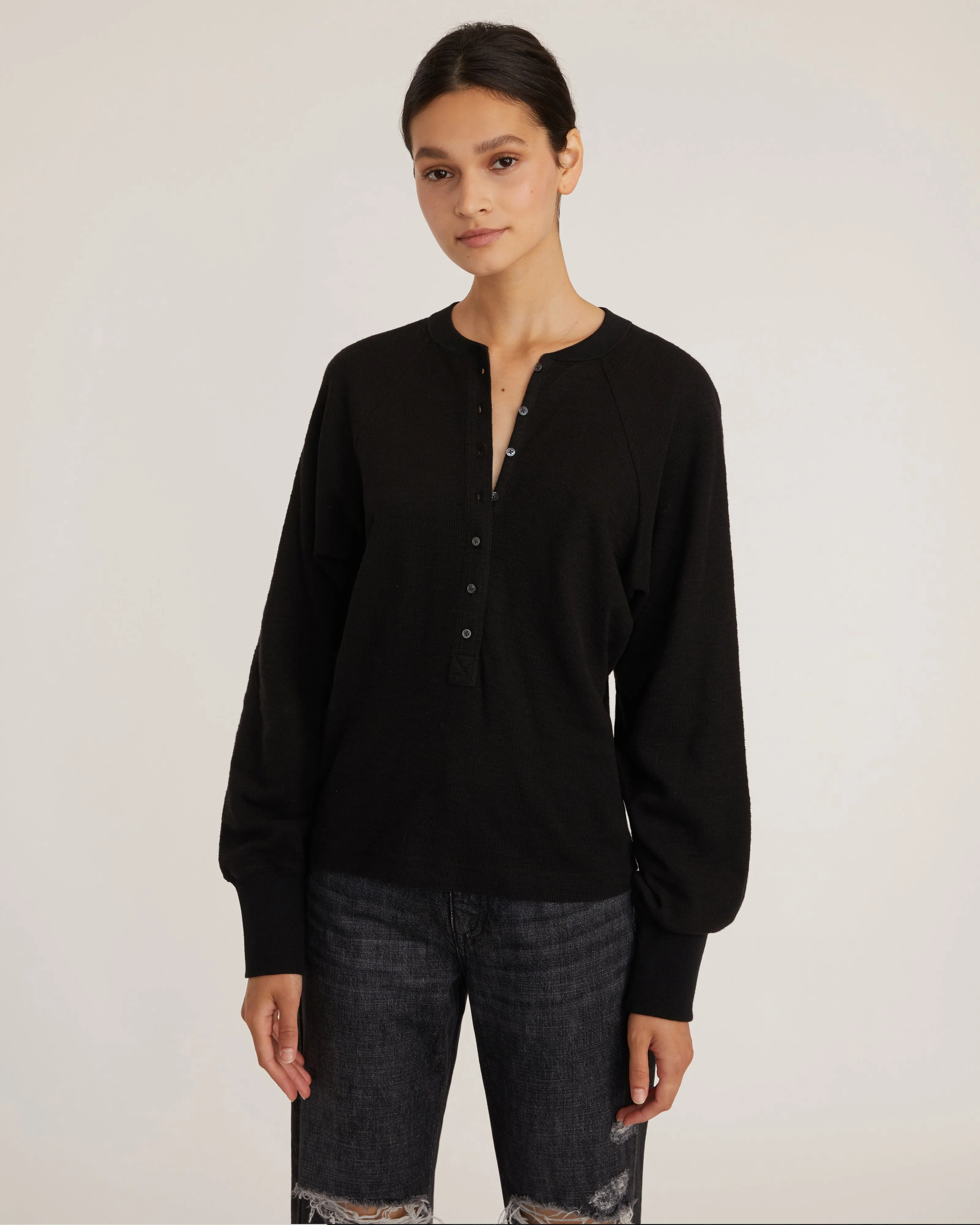 So Uptight Waffle Knit Henley in Black