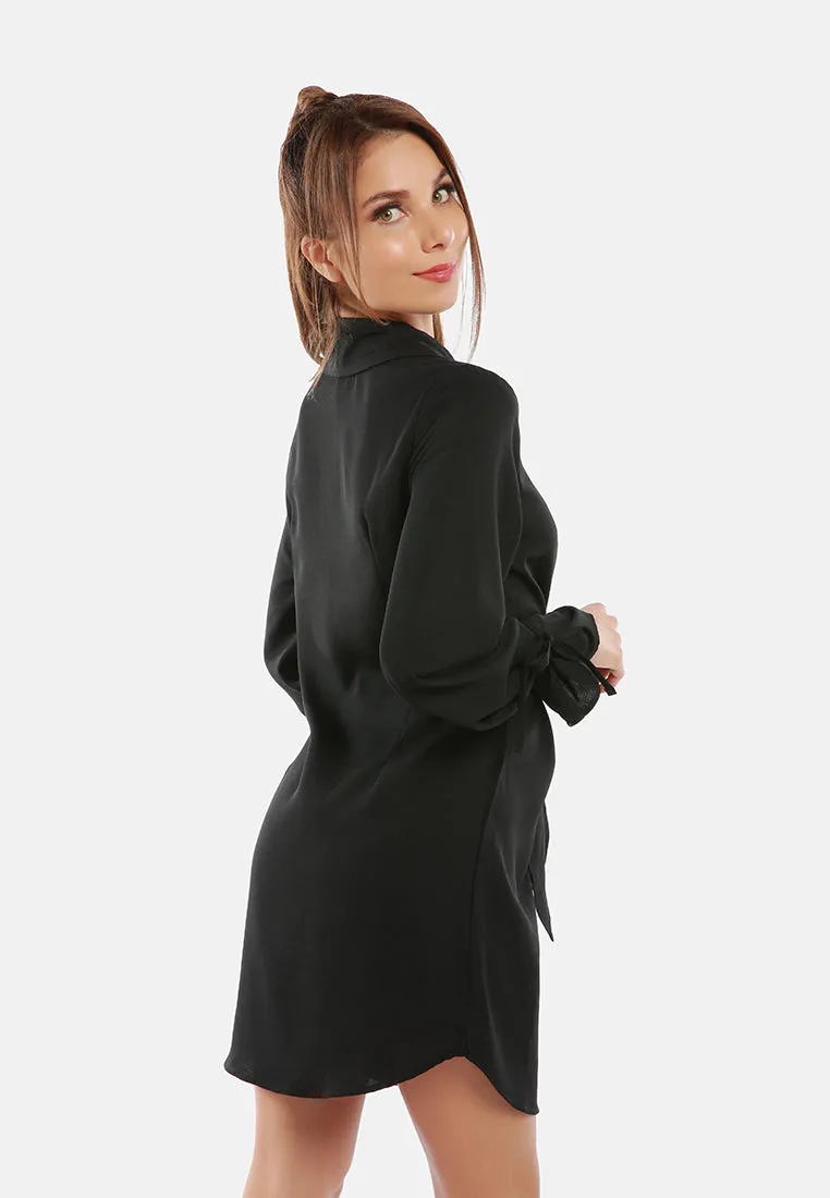 Solid Black Cut Out Mini Shirt Dress