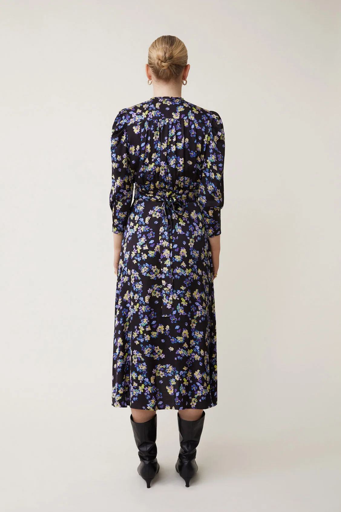 Suncoo Cipri Black/Purple Floral Print Midi Dress