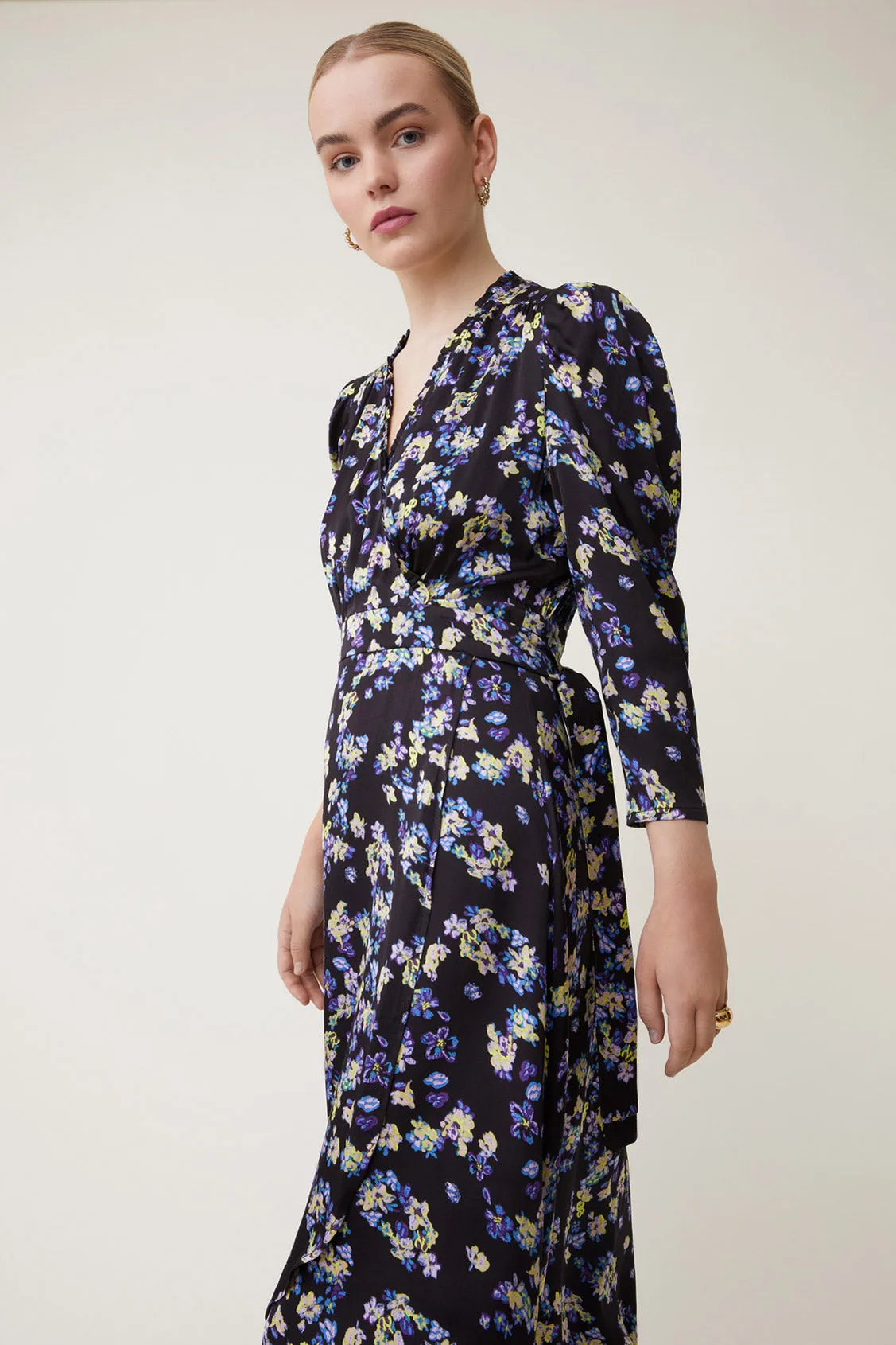 Suncoo Cipri Black/Purple Floral Print Midi Dress