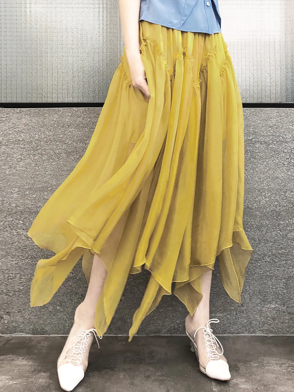 Surprise Sale! Muddy Yellow Handkerchief Hem Chiffon Lightweight Skirt