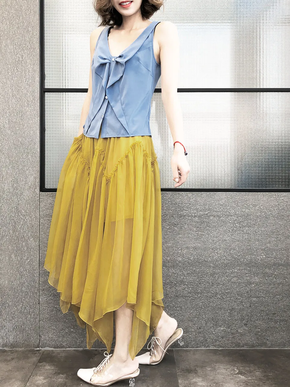 Surprise Sale! Muddy Yellow Handkerchief Hem Chiffon Lightweight Skirt