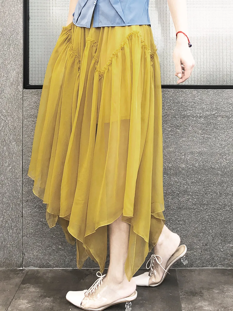 Surprise Sale! Muddy Yellow Handkerchief Hem Chiffon Lightweight Skirt