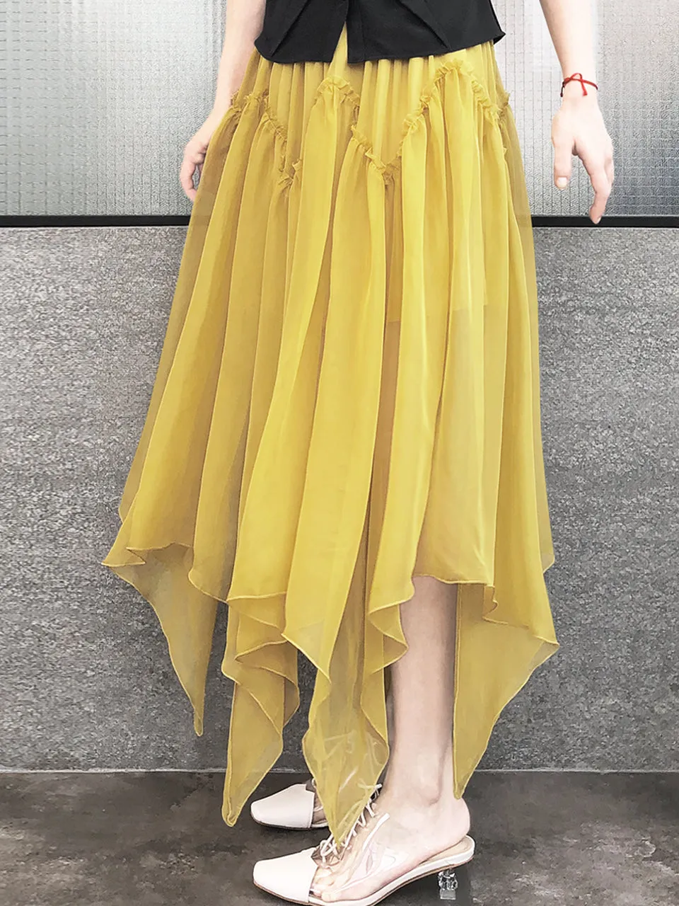 Surprise Sale! Muddy Yellow Handkerchief Hem Chiffon Lightweight Skirt