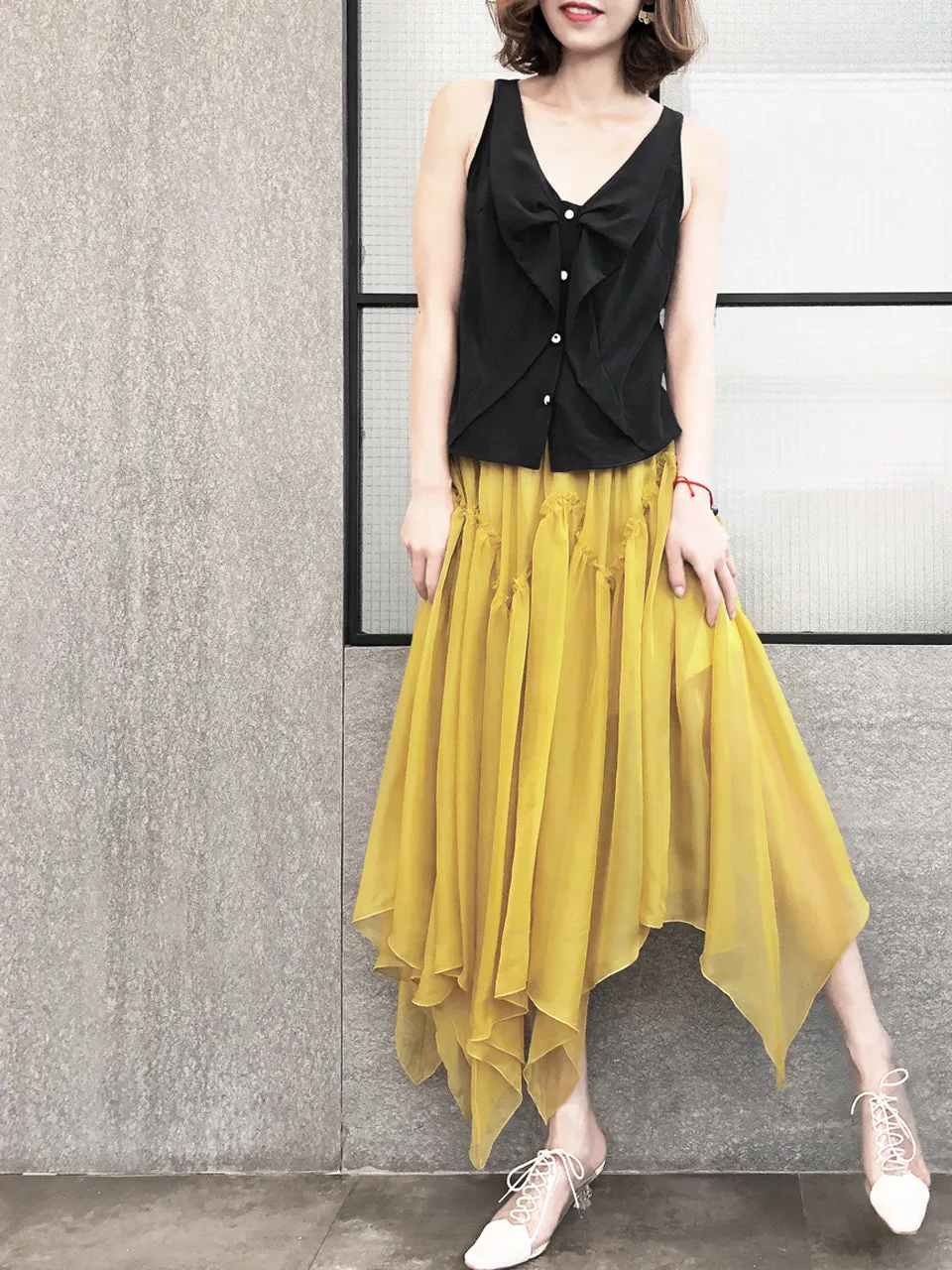 Surprise Sale! Muddy Yellow Handkerchief Hem Chiffon Lightweight Skirt