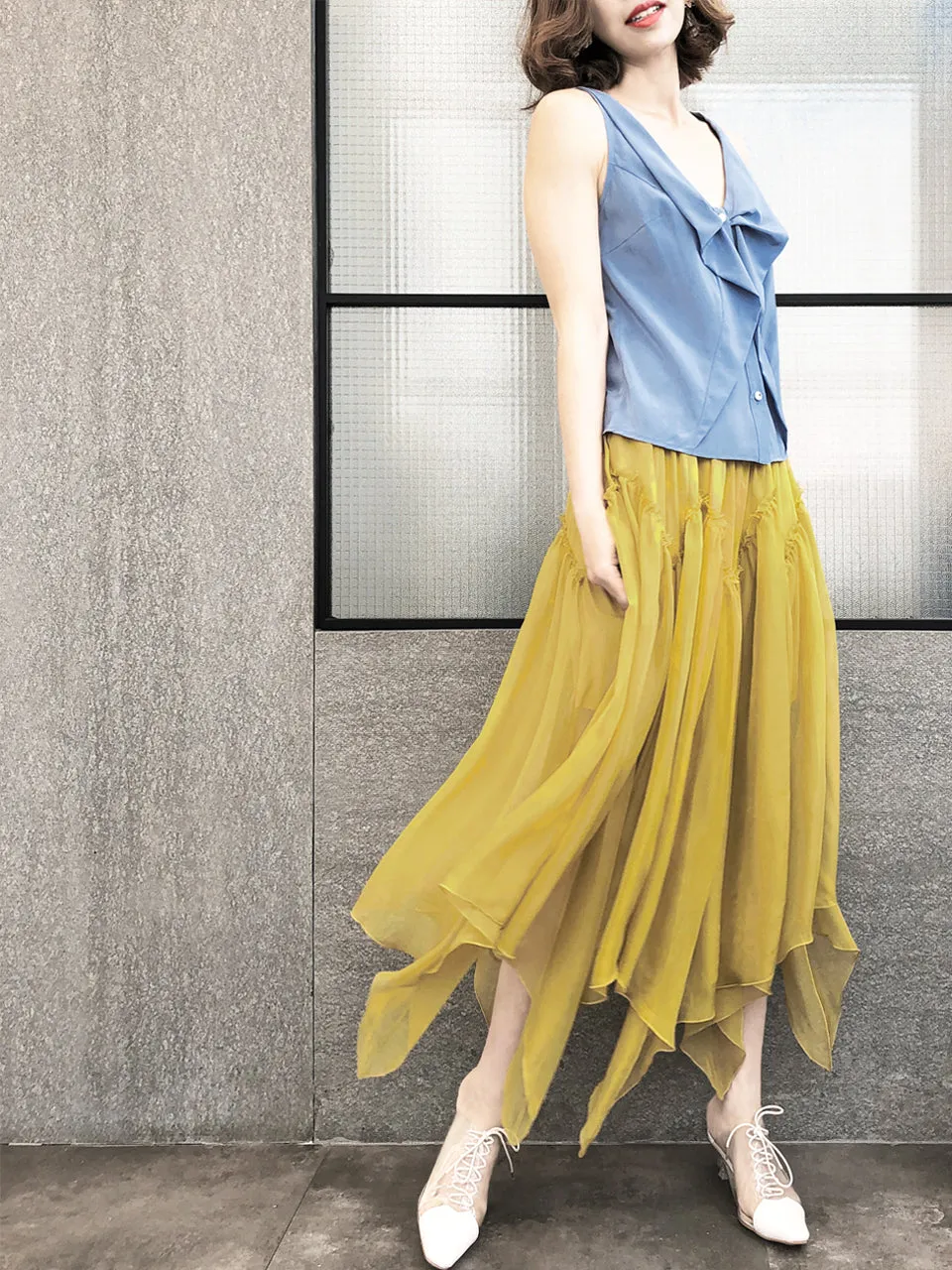 Surprise Sale! Muddy Yellow Handkerchief Hem Chiffon Lightweight Skirt