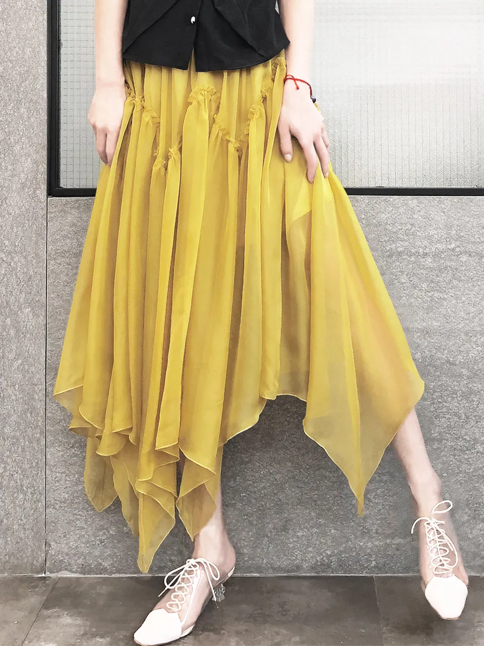 Surprise Sale! Muddy Yellow Handkerchief Hem Chiffon Lightweight Skirt