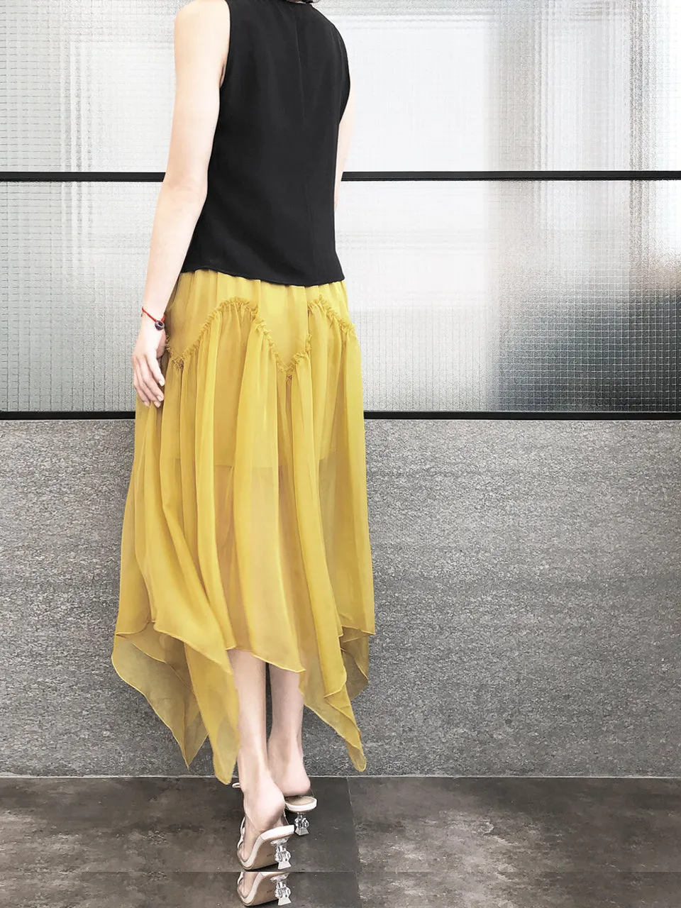 Surprise Sale! Muddy Yellow Handkerchief Hem Chiffon Lightweight Skirt