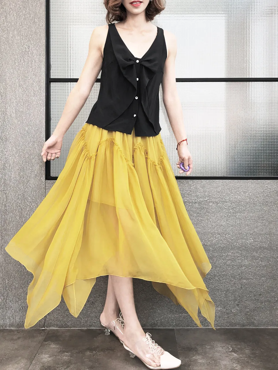 Surprise Sale! Muddy Yellow Handkerchief Hem Chiffon Lightweight Skirt