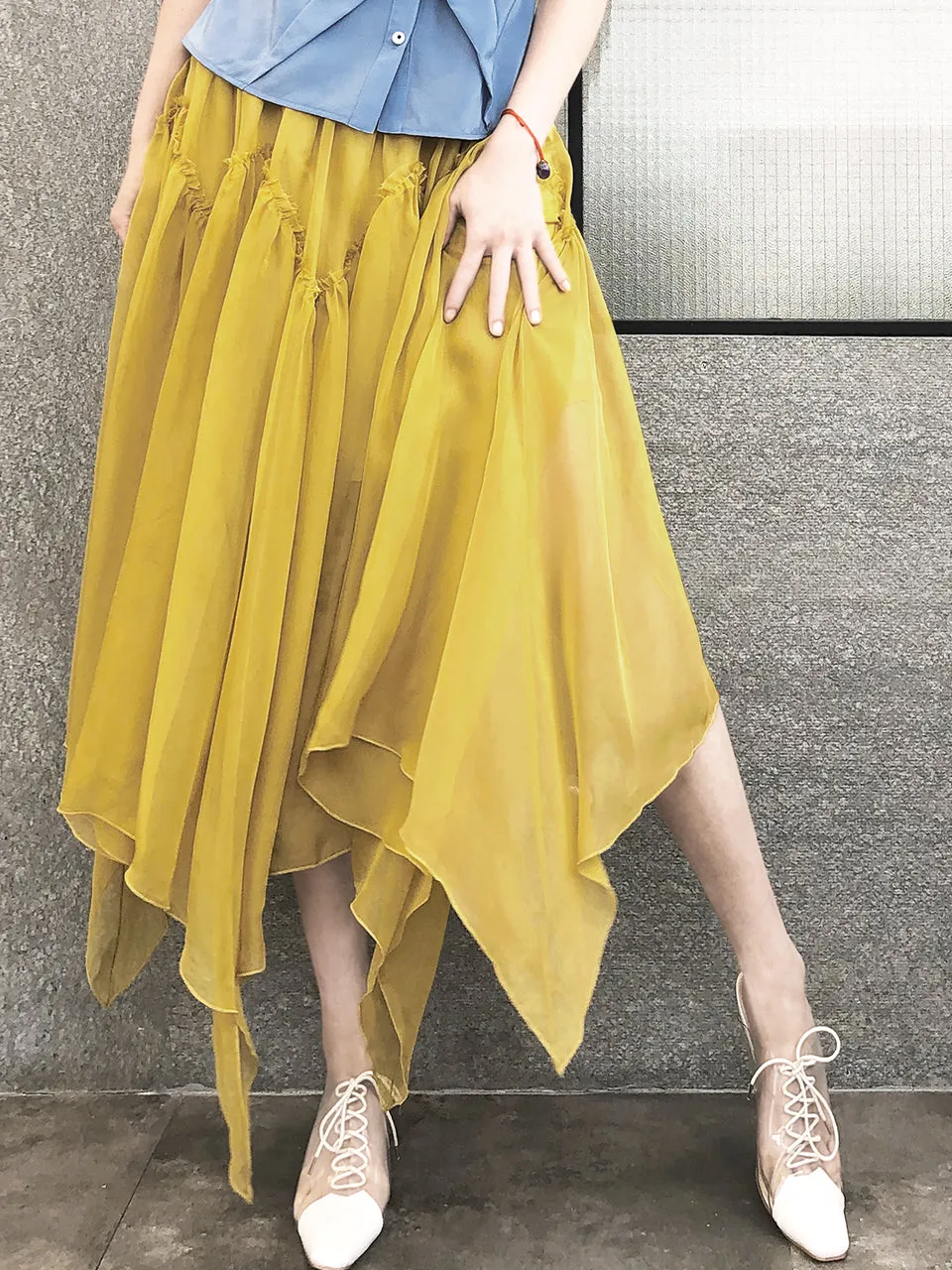 Surprise Sale! Muddy Yellow Handkerchief Hem Chiffon Lightweight Skirt