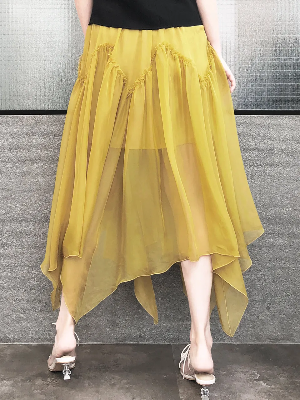 Surprise Sale! Muddy Yellow Handkerchief Hem Chiffon Lightweight Skirt