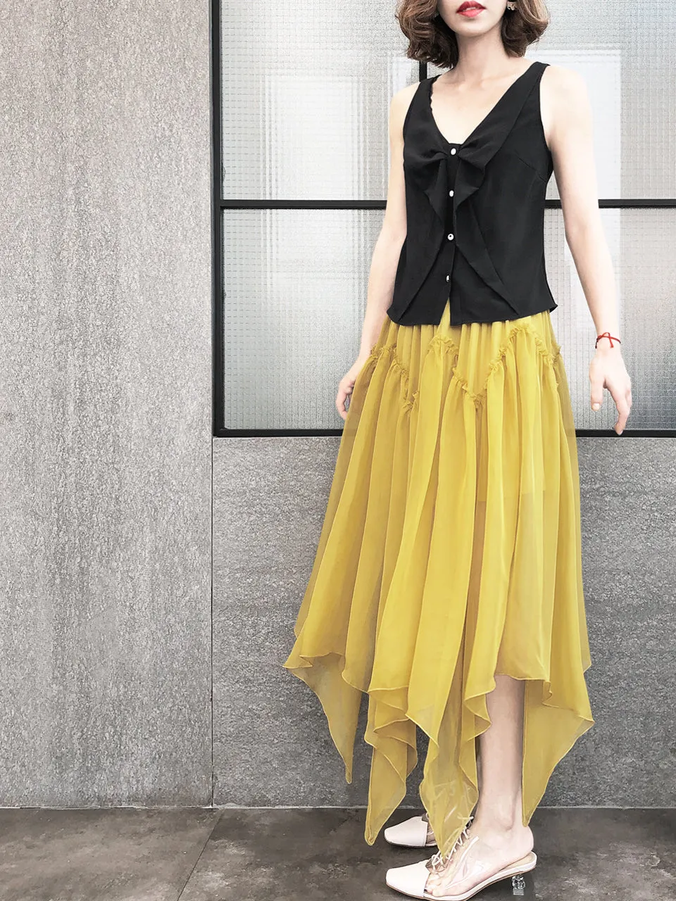 Surprise Sale! Muddy Yellow Handkerchief Hem Chiffon Lightweight Skirt