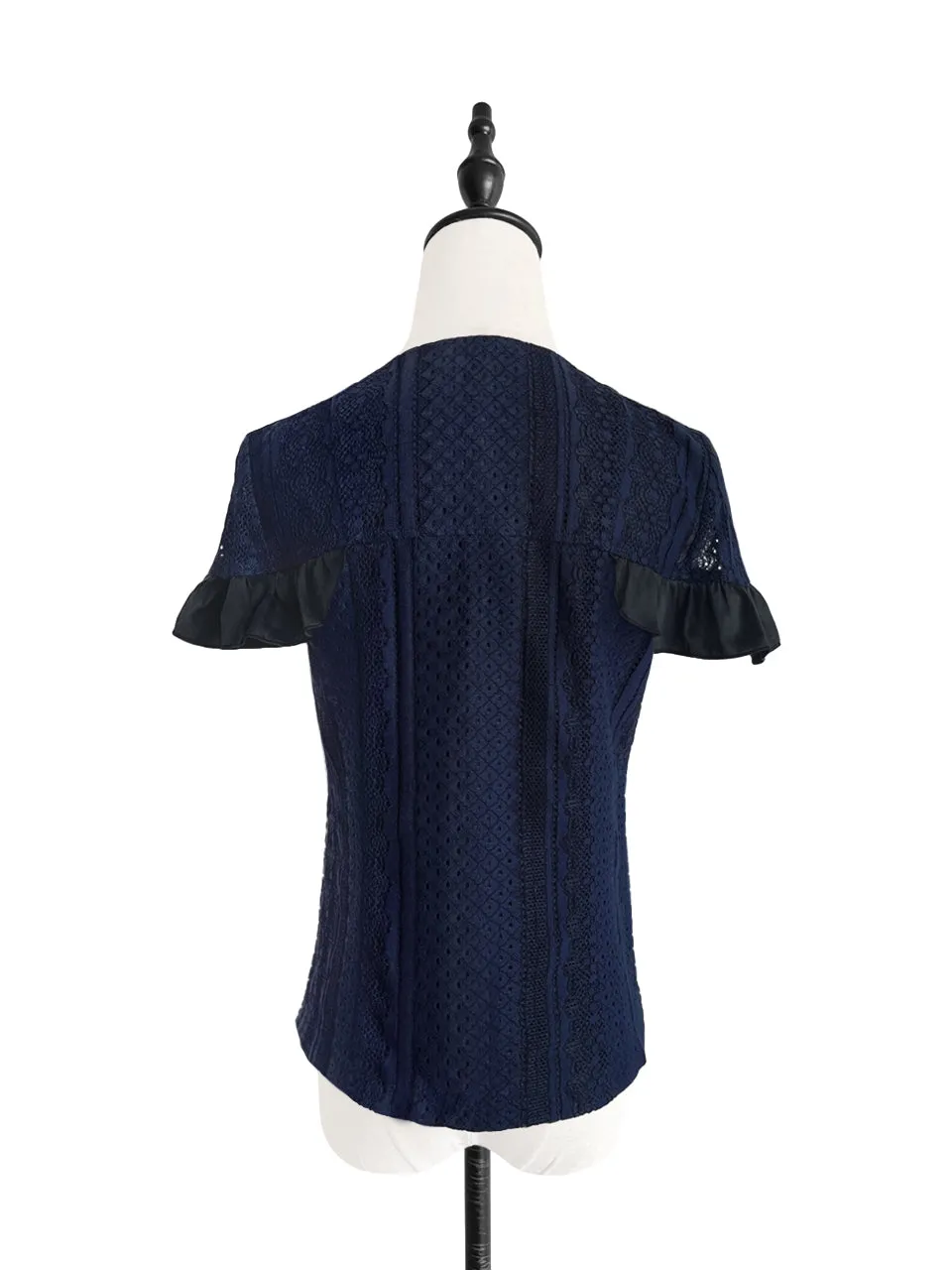 Surprise Sale! Navy Black Corded Lace Sweetheart Neck Ruffle Top