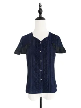 Surprise Sale! Navy Black Corded Lace Sweetheart Neck Ruffle Top