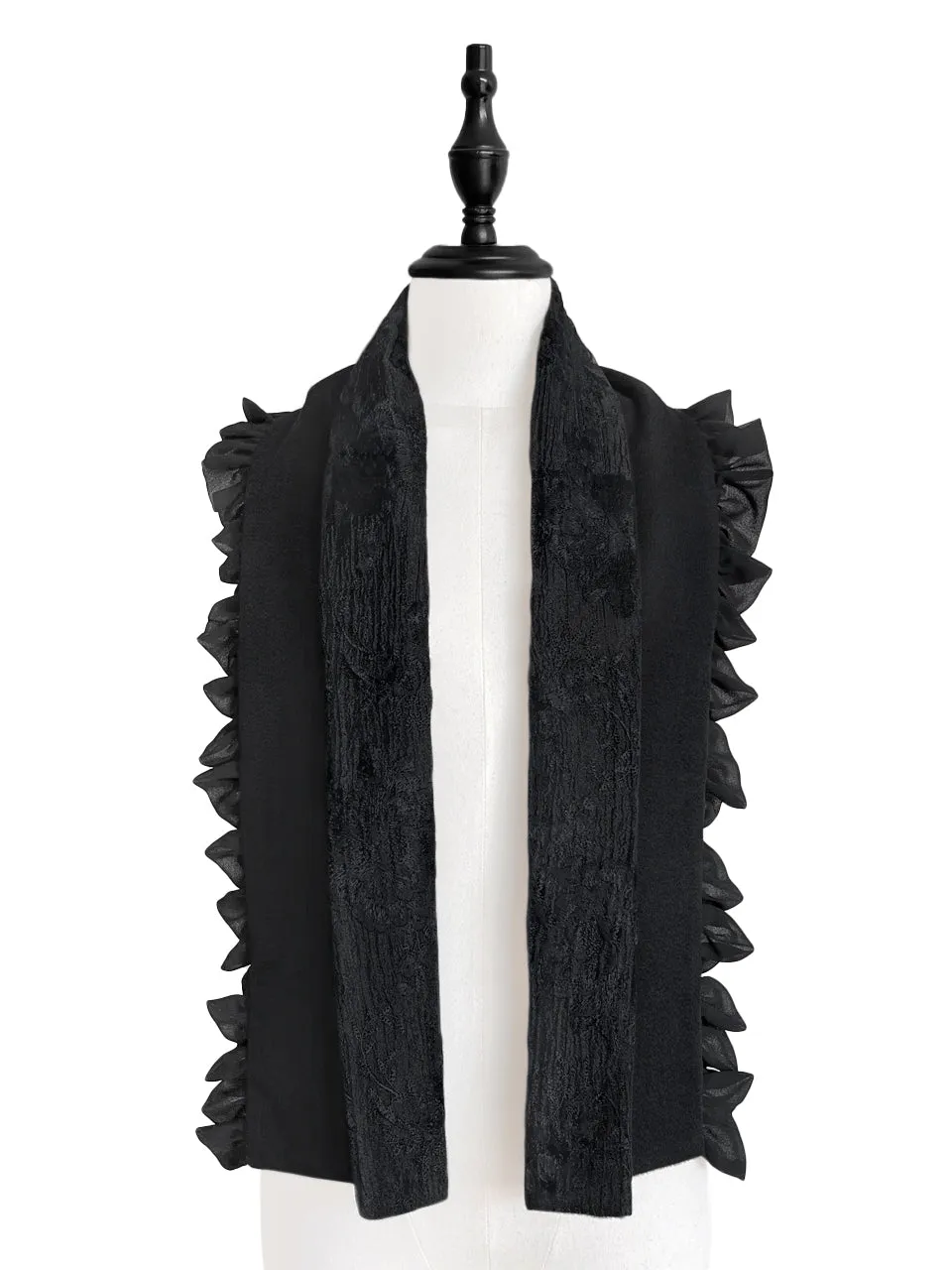 Surprise Sale! Tonal Black Double Sided Ruffle Trim Lace Scarf