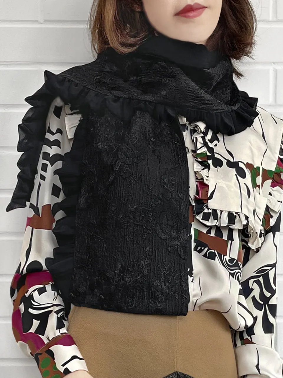 Surprise Sale! Tonal Black Double Sided Ruffle Trim Lace Scarf