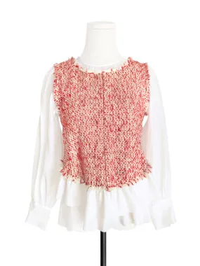 Surprise Sale! White Organza Patch Bouclè Woollen Ruffle Top