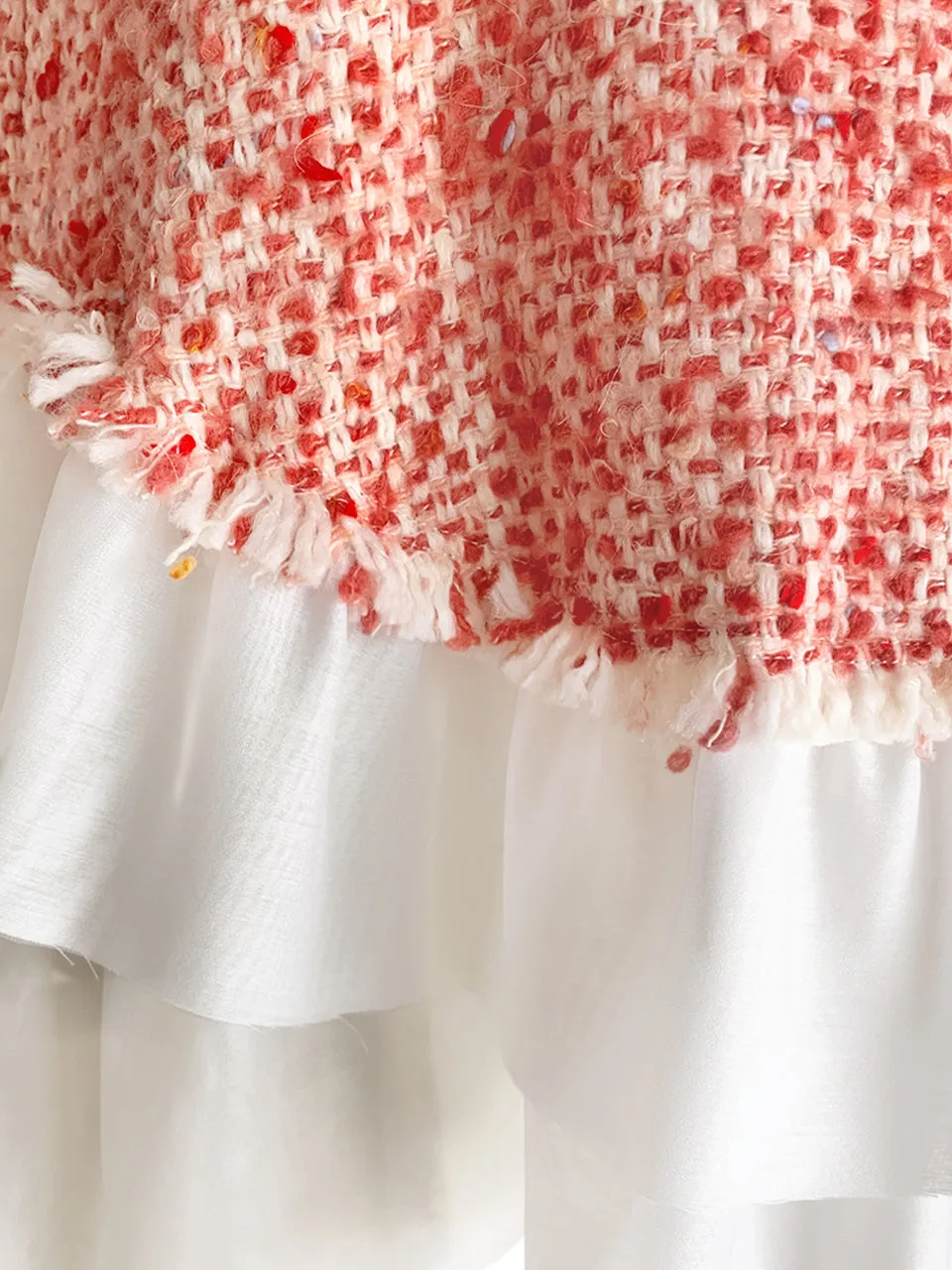 Surprise Sale! White Organza Patch Bouclè Woollen Ruffle Top