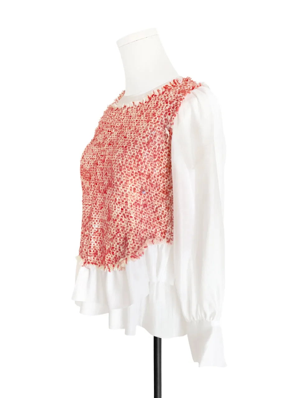 Surprise Sale! White Organza Patch Bouclè Woollen Ruffle Top