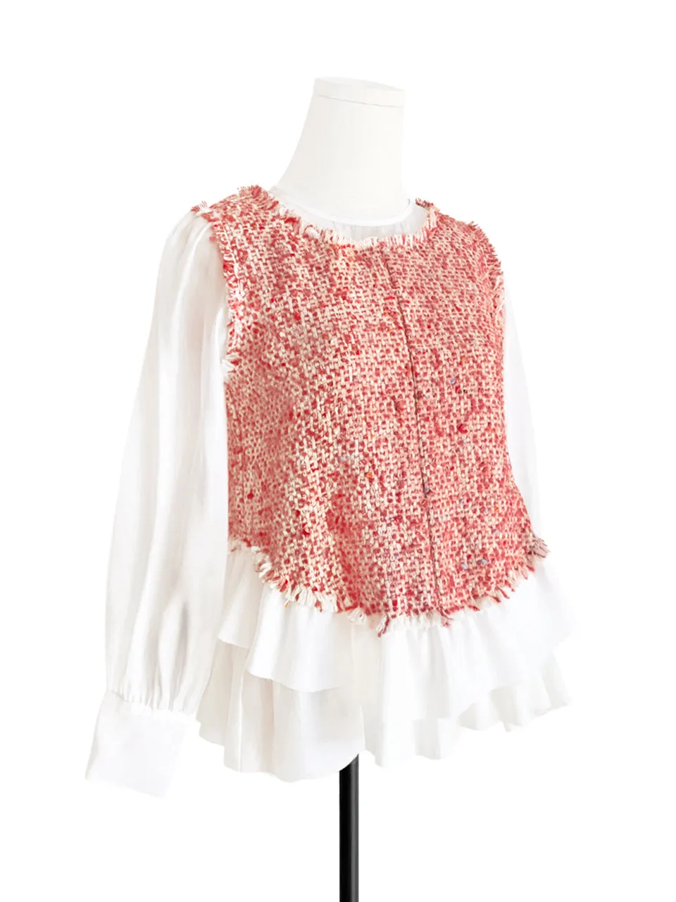 Surprise Sale! White Organza Patch Bouclè Woollen Ruffle Top