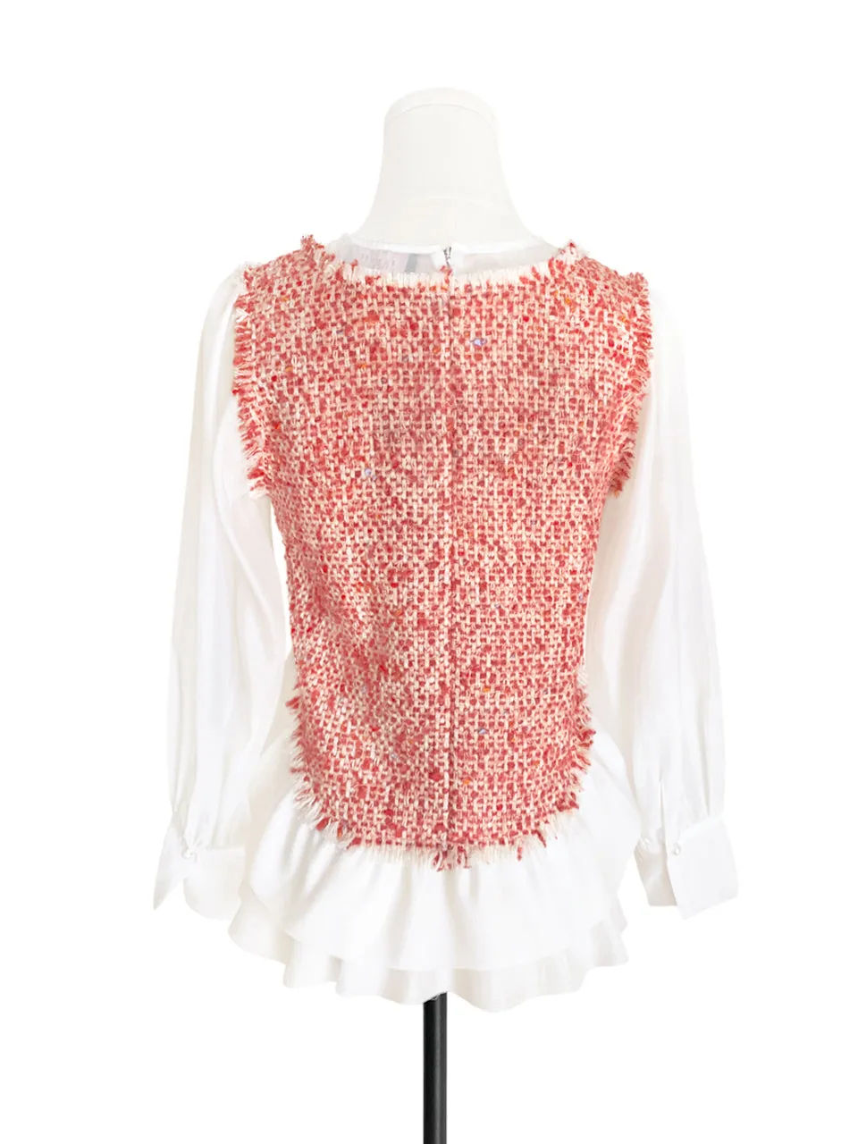 Surprise Sale! White Organza Patch Bouclè Woollen Ruffle Top