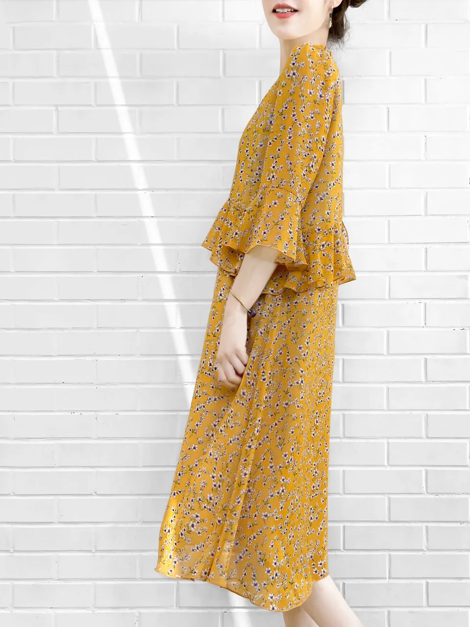 Surprise Sale! Yellow Flowers Print Ruffle Elbow Sleeve Airy Dress