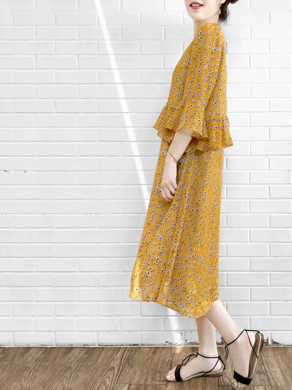 Surprise Sale! Yellow Flowers Print Ruffle Elbow Sleeve Airy Dress