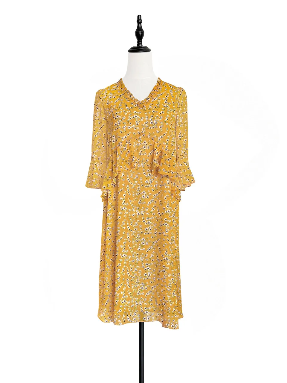 Surprise Sale! Yellow Flowers Print Ruffle Elbow Sleeve Airy Dress