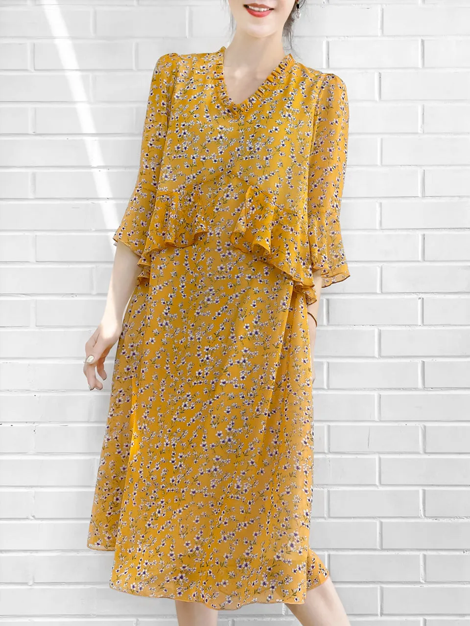 Surprise Sale! Yellow Flowers Print Ruffle Elbow Sleeve Airy Dress