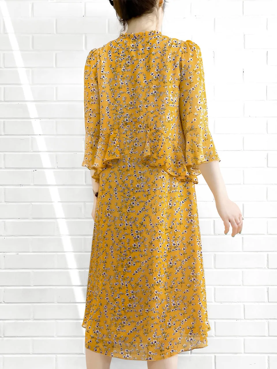 Surprise Sale! Yellow Flowers Print Ruffle Elbow Sleeve Airy Dress