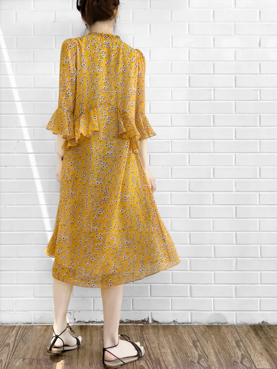 Surprise Sale! Yellow Flowers Print Ruffle Elbow Sleeve Airy Dress