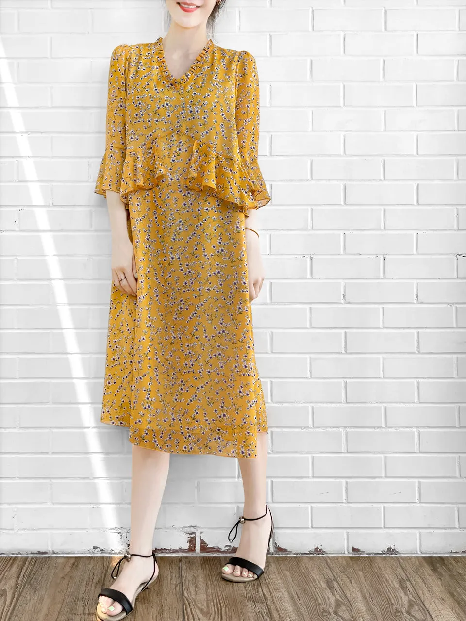 Surprise Sale! Yellow Flowers Print Ruffle Elbow Sleeve Airy Dress