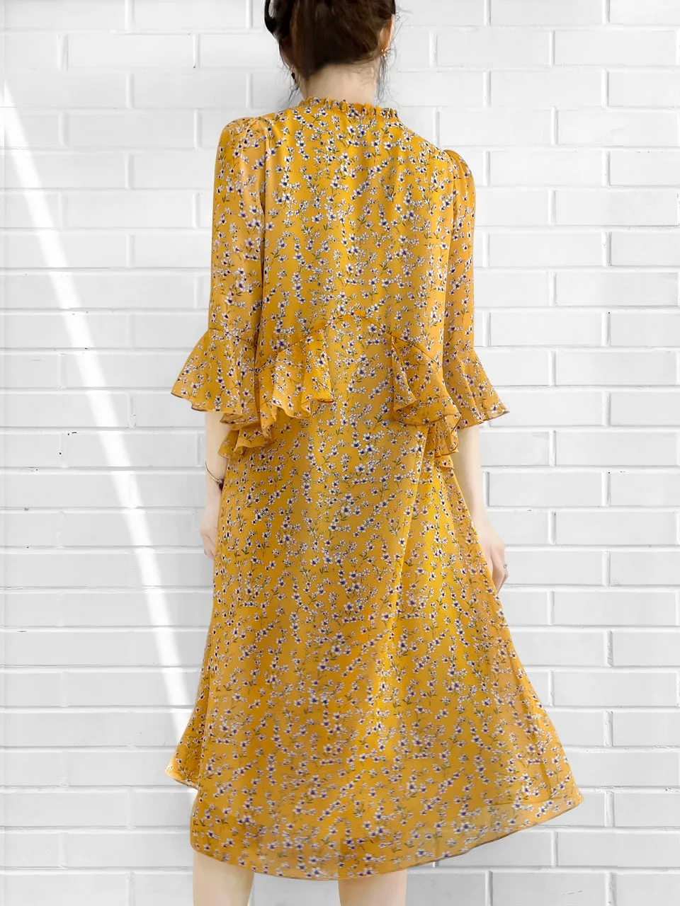 Surprise Sale! Yellow Flowers Print Ruffle Elbow Sleeve Airy Dress