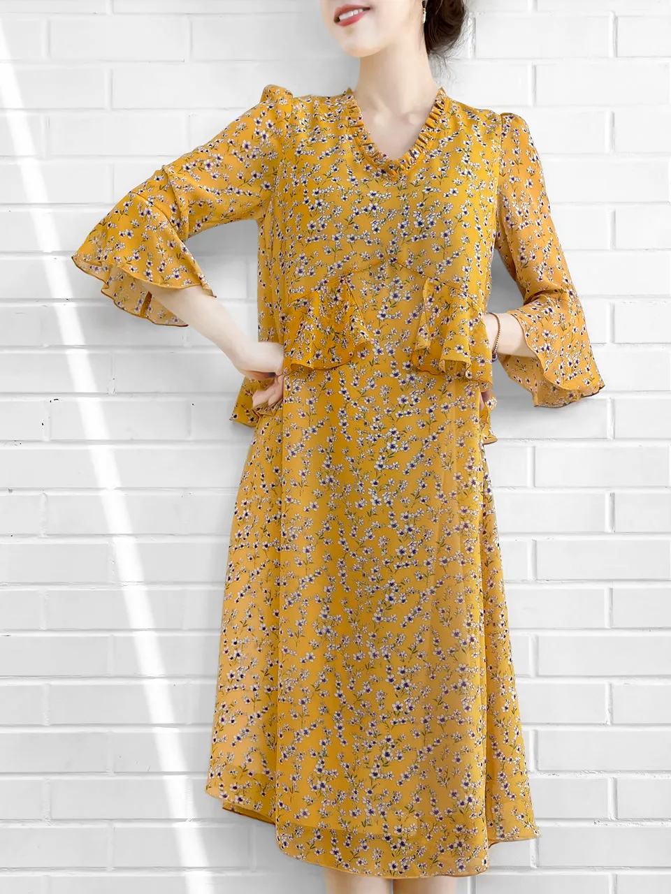 Surprise Sale! Yellow Flowers Print Ruffle Elbow Sleeve Airy Dress