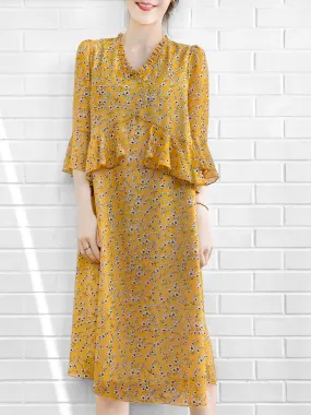 Surprise Sale! Yellow Flowers Print Ruffle Elbow Sleeve Airy Dress