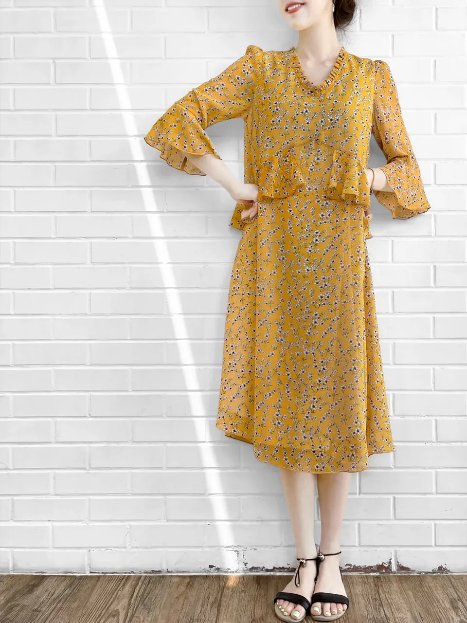 Surprise Sale! Yellow Flowers Print Ruffle Elbow Sleeve Airy Dress