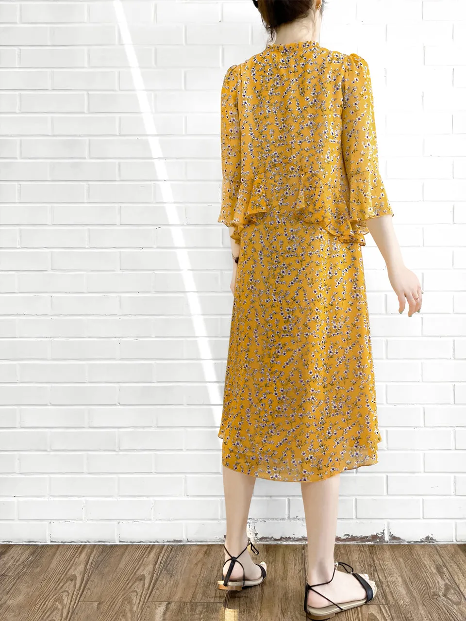 Surprise Sale! Yellow Flowers Print Ruffle Elbow Sleeve Airy Dress