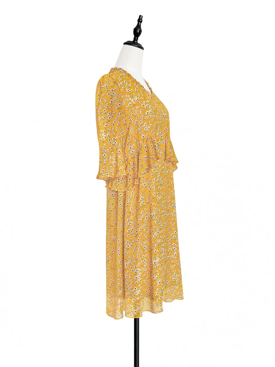 Surprise Sale! Yellow Flowers Print Ruffle Elbow Sleeve Airy Dress