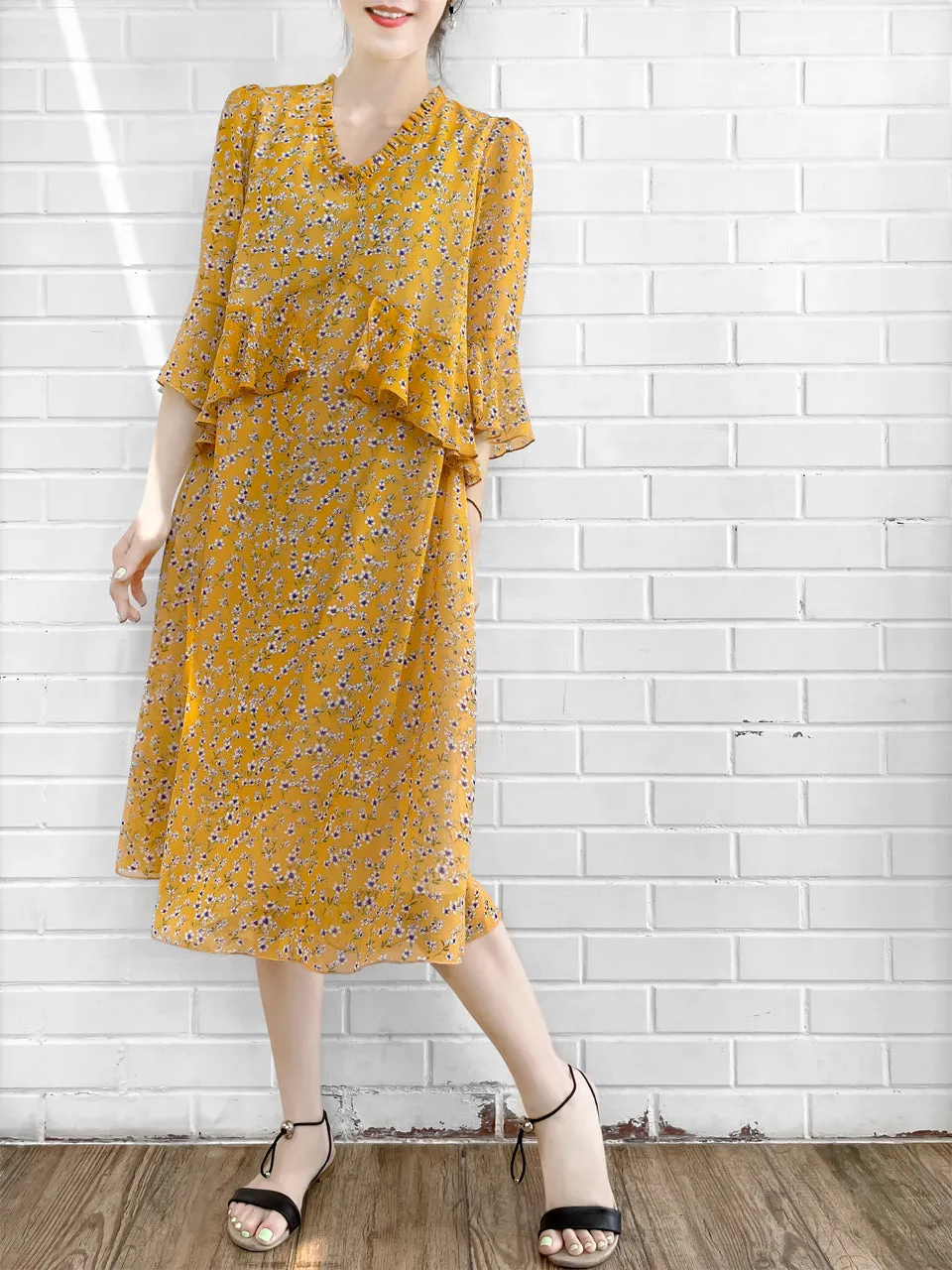 Surprise Sale! Yellow Flowers Print Ruffle Elbow Sleeve Airy Dress