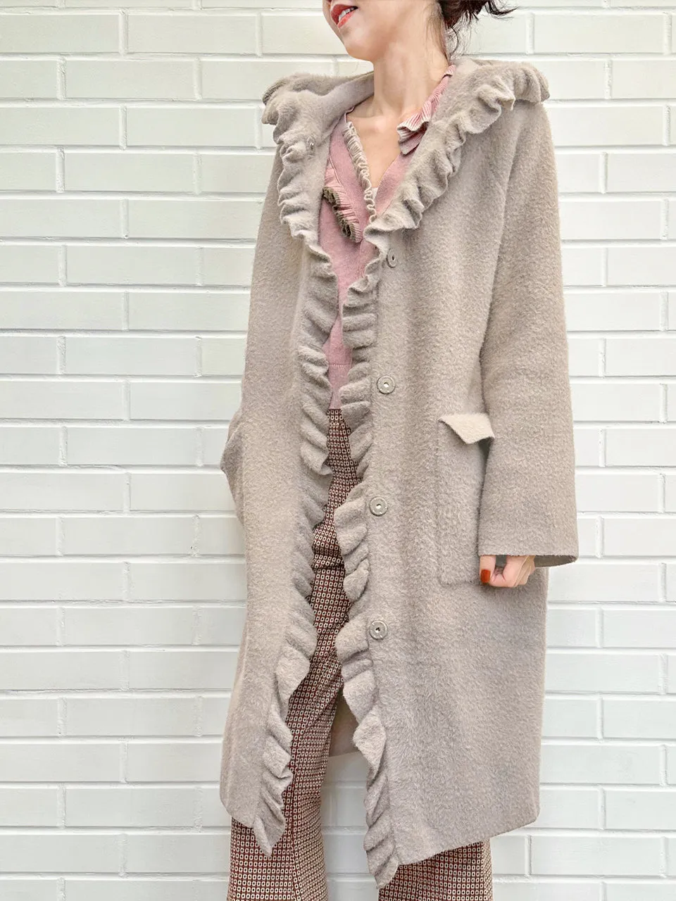 Taupe Pink Ruffle Trim Mohair Blended Longline Hooded Coatigan