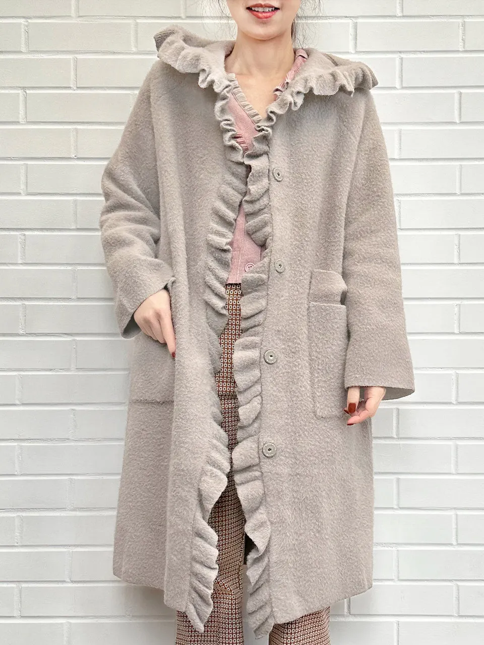 Taupe Pink Ruffle Trim Mohair Blended Longline Hooded Coatigan